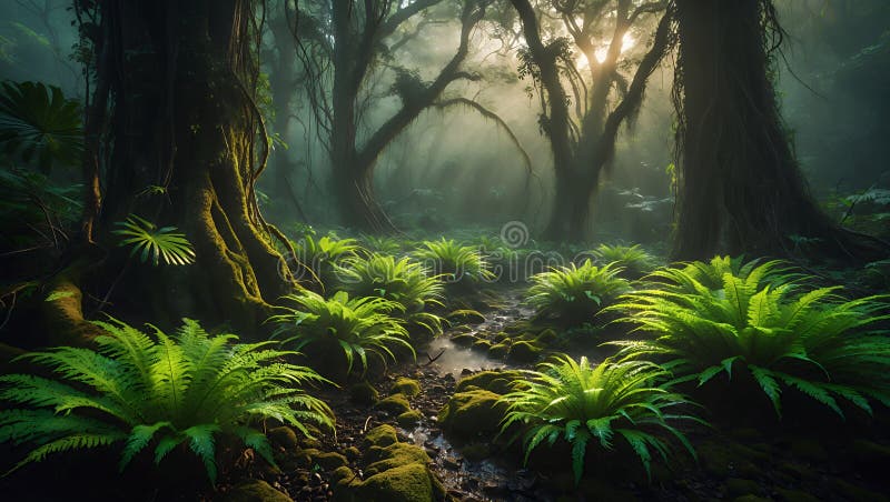 Mystical Sunlit Rainforest Stream med Lush Ferns och Ancient Trees royaltyfri illustrationer