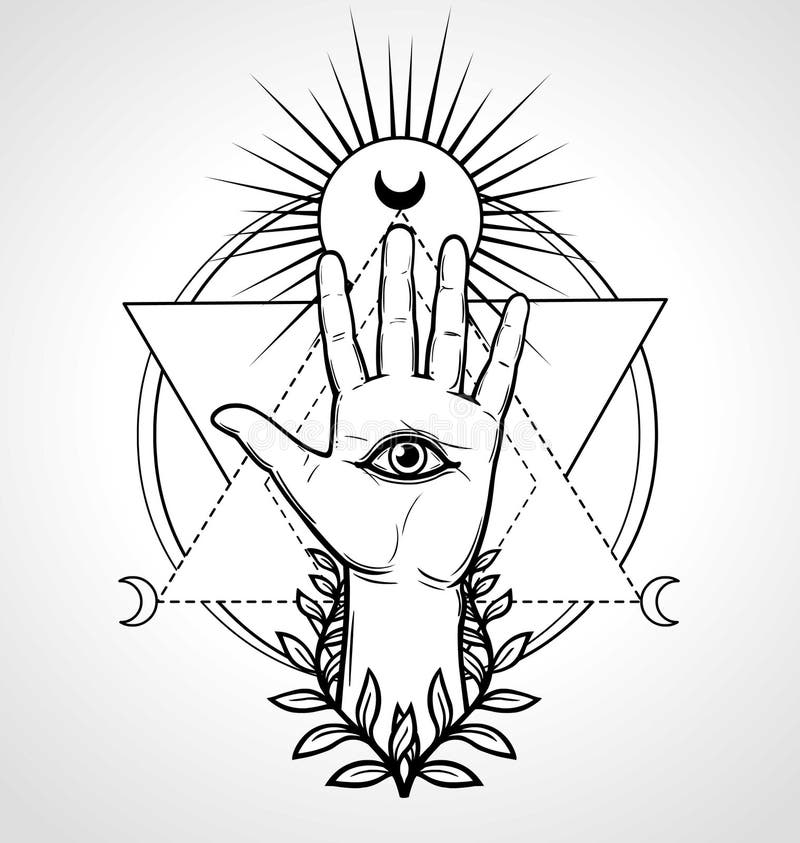 Mystical symbol: human hand, Eye of Providence, sacred geometry.