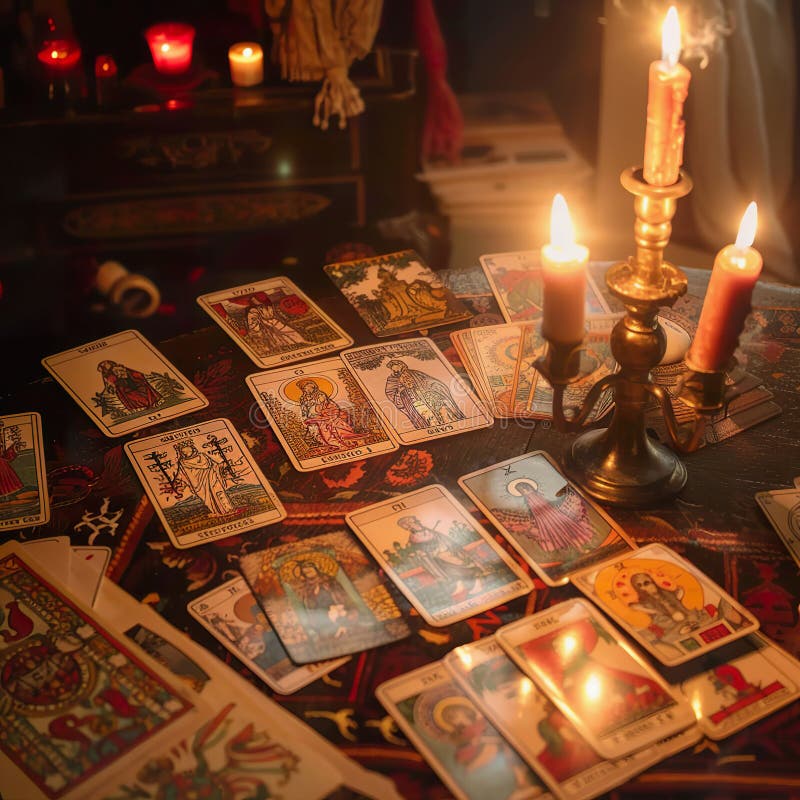 Mystical Tarot Cards Layout with Candles Illuminating Ritual Table