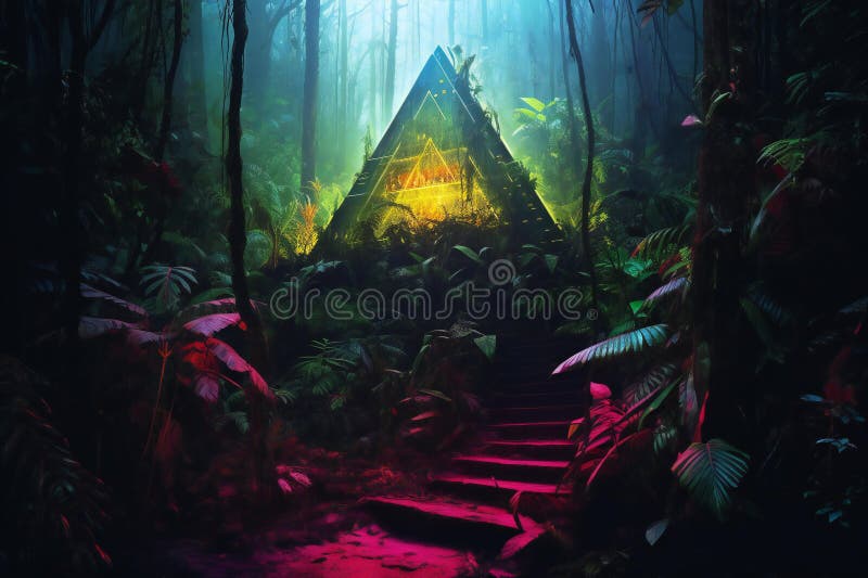 Mystical temple in the jungle, Fantasy landscape stock illustration.