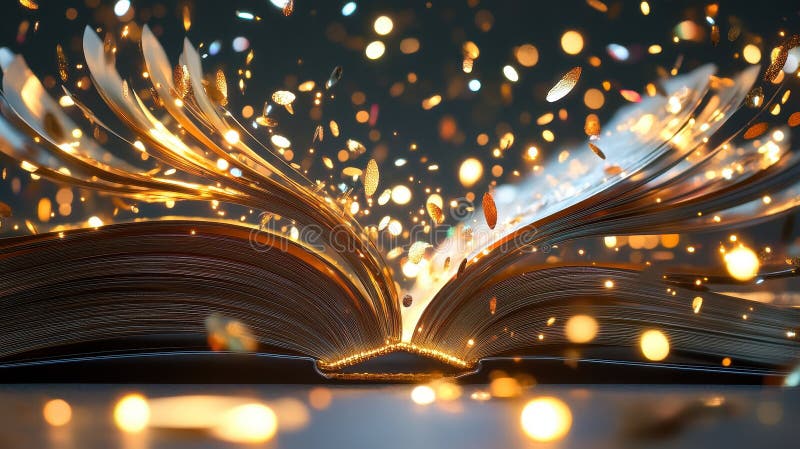 Mystical Tome Open Book Unleashing Golden Light and Floating Embers of Knowledge royalty free stock photo