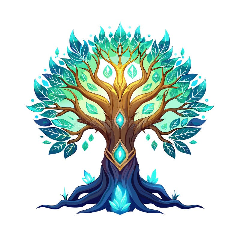 Mystical Tree of Life with Teal Leaves and Glowing Crystals on White Background stock illustration