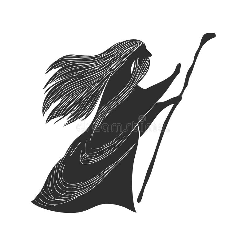 Mystical Wizard With Staff Silhouette Illustration. Enigmatic Journey And Magic Theme Isolated Vector Illustration stock illustration