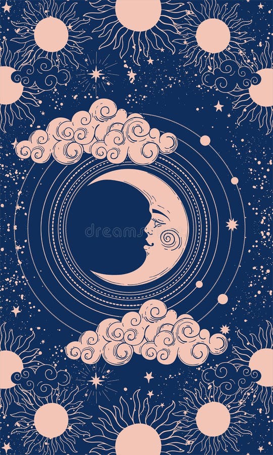 Mystical drawing for astrology or boho design, crescent moon with a face on a blue background. Sacred geometry. Vector illustration for postcard, poster, cover. Mystical drawing for astrology or boho design, crescent moon with a face on a blue background. Sacred geometry. Vector illustration for postcard, poster, cover