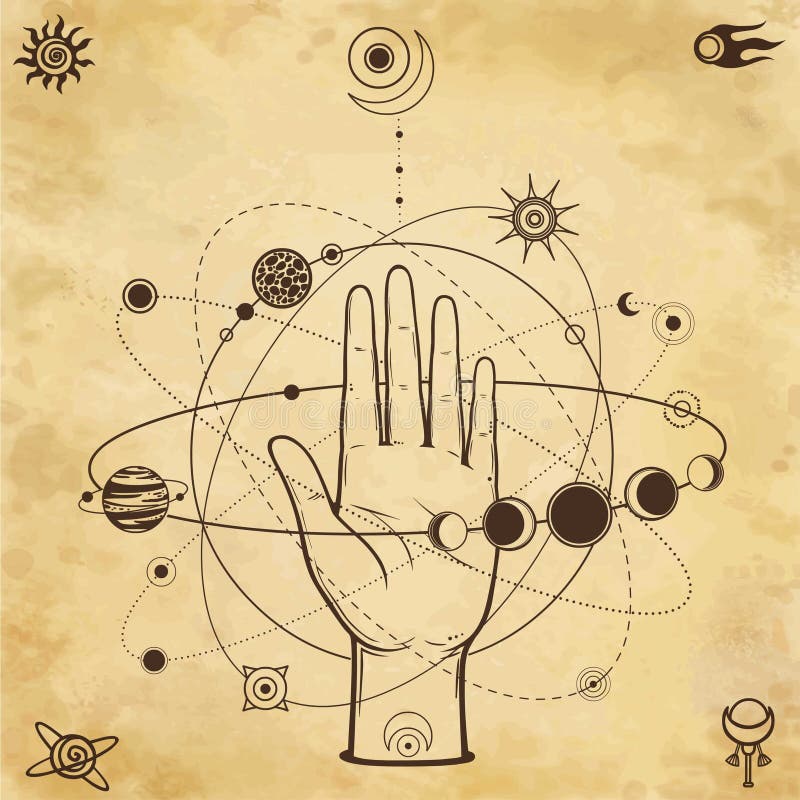 Mystical drawing: human hand holds the universe. Planets and stars rotate in orbits around the palms. Background - imitation of old paper. Vector Illustration. Print, poster, T-shirt, postcard. Mystical drawing: human hand holds the universe. Planets and stars rotate in orbits around the palms. Background - imitation of old paper. Vector Illustration. Print, poster, T-shirt, postcard.