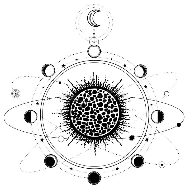 Mystical drawing: stylized Solar System, orbits of planets, Phases of the moon. Sacred geometry. Alchemy, magic, esoteric, occultism. Monochrome Vector Illustration isolated on a white background. Mystical drawing: stylized Solar System, orbits of planets, Phases of the moon. Sacred geometry. Alchemy, magic, esoteric, occultism. Monochrome Vector Illustration isolated on a white background