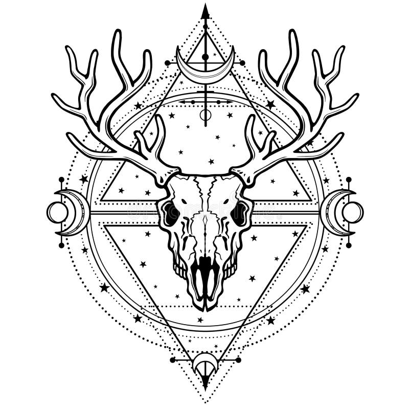 Mystisches Bild des Schädels ein gehörntes Rotwild, heilige Geometrie, Symbole des Mondes stock abbildung Mystisches Bild des Schädels ein gehörntes Rotwild, heilige Geometrie, Symbole des Mondes stock abbildung