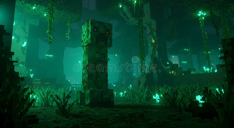 Mystisches Glühen im digitalen Wald mit einem pixeligen Kriechzeichen lizenzfreie abbildung