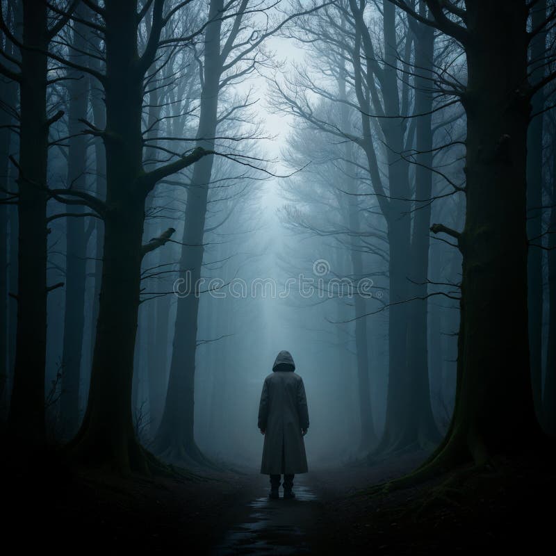 Mystisk figur som står ensam i skogen stock illustrationer