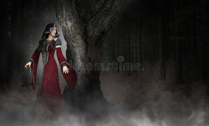 Mystisk overklig medeltida kvinna, skog vektor illustrationer Mystisk overklig medeltida kvinna, skog vektor illustrationer