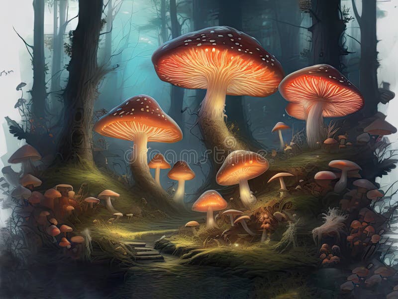 Mystisk skogsväg med gigantiska svampar i skymningsljus stock illustrationer