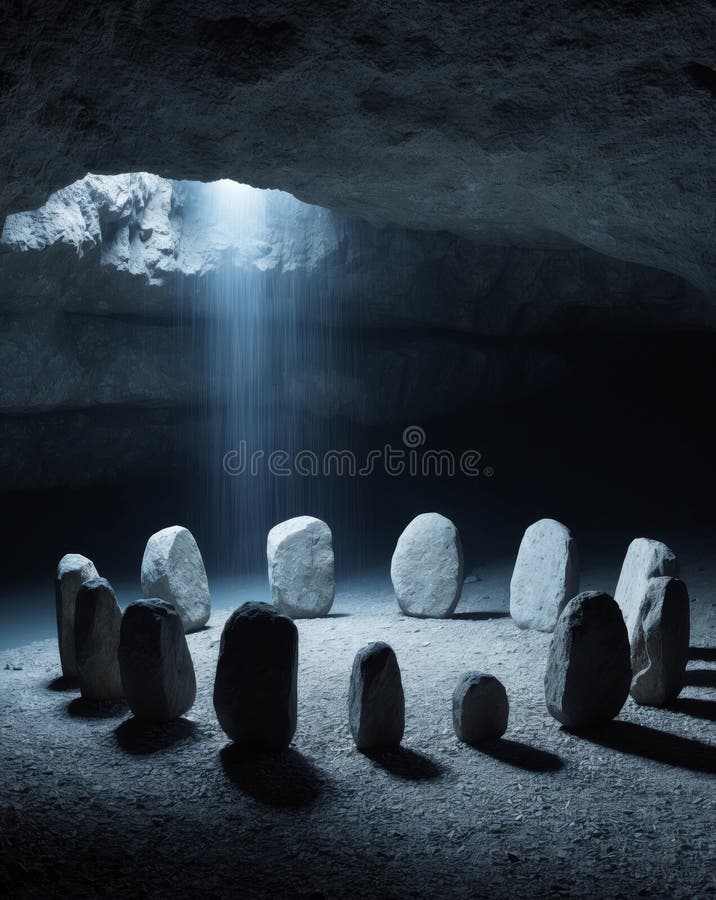 Mystisk stencirkel belyst med blått ljus i en isolerad grotta royaltyfria bilder