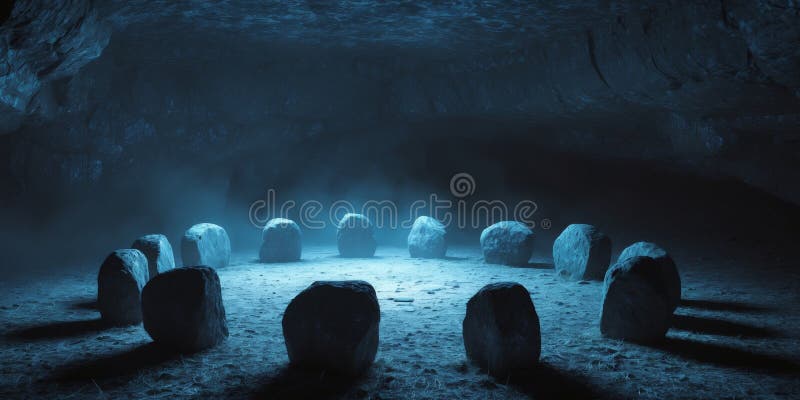 Mystisk stencirkel belyst med blått ljus i en isolerad grotta arkivbilder