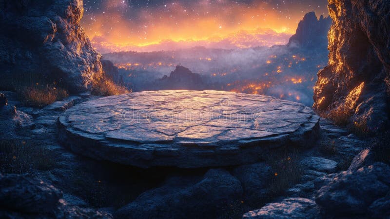 Mystisk stencirkel vid solnedgången i bergslandskapet med stjärnhimmel arkivbild