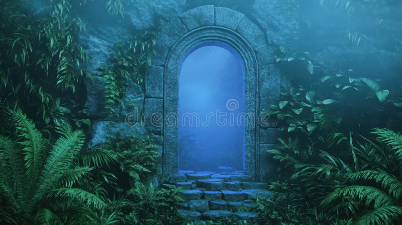 Mystisk stenportal i en lush-skog med mistatmosfär royaltyfri foto