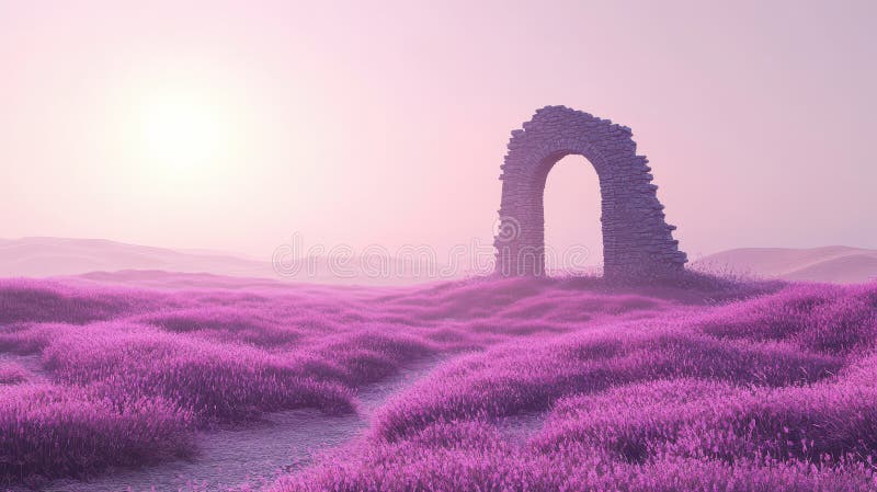 Mystisk stenstift i ett serenrosa lavender-landskap royaltyfria bilder