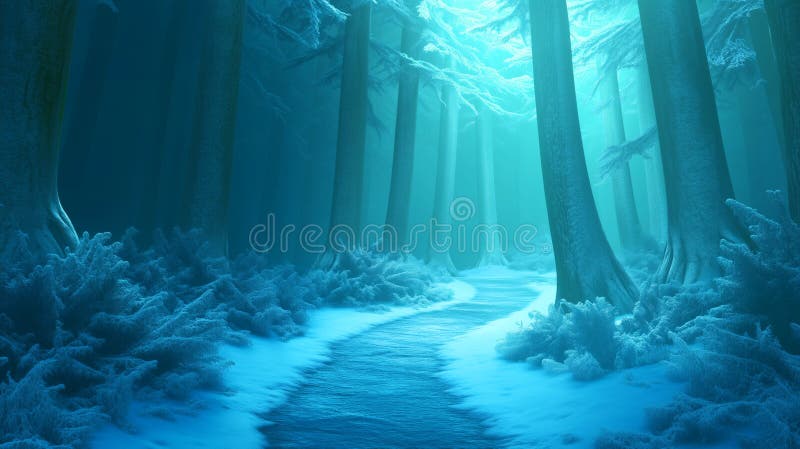 Mystisk vinter-skogsväg med ljusblå atmosfär stock illustrationer