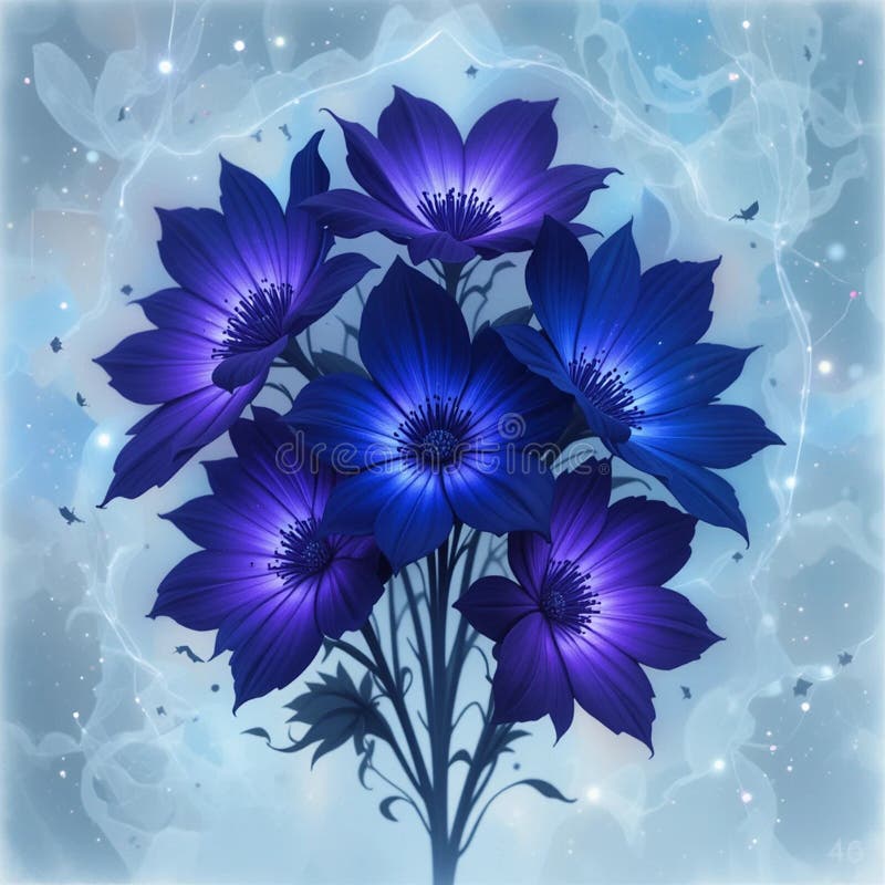 Mystiska glödande blommor i djupa blues och purpur, vita kantlinjer royaltyfri illustrationer