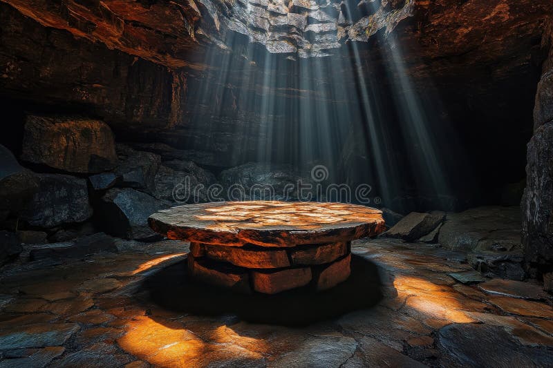Mystiska stenbord i underjordisk grotta som belyses av solstrålar royaltyfria foton