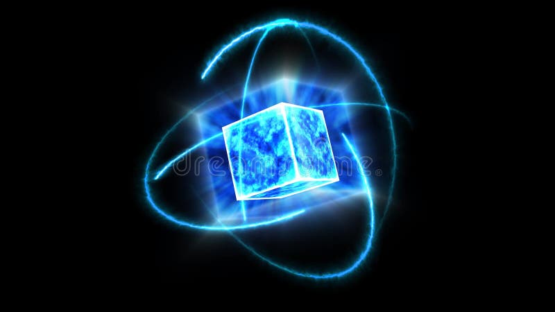 Mystère cube d'onde bleu foncé énergie de noyau vide surface et atome se déplaçant par l'énergie infinie