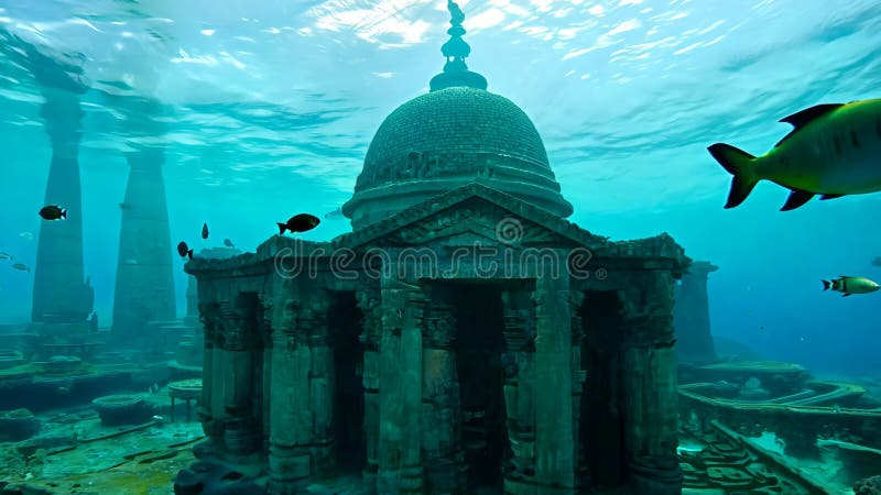 Mystérieuse scène sous-marine avec des ruines anciennes entourées de corail de poisson et d'eau bleue de l'océan évoquant perdu illustration stock