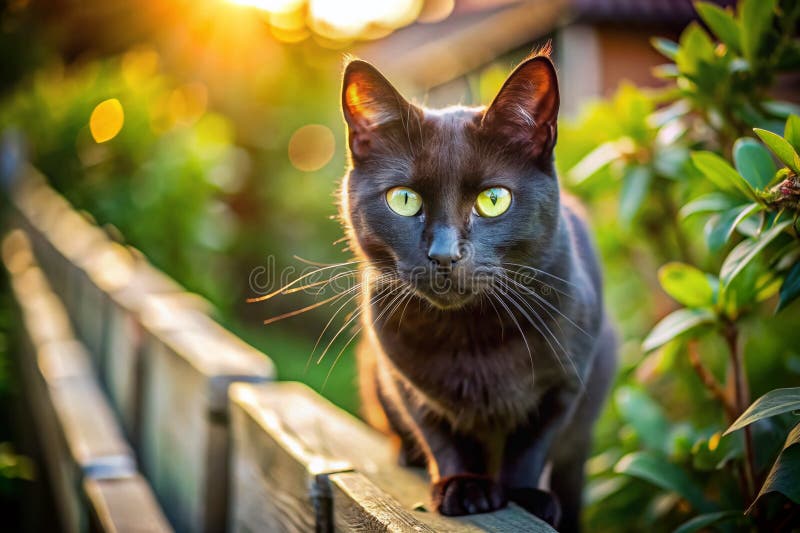 Mystérieux Chat Noir dans la Nature : Majestueux Félin Nocturne Posant au Milieu d'un Paysage Extérieur Luxuriant illustration libre de droits