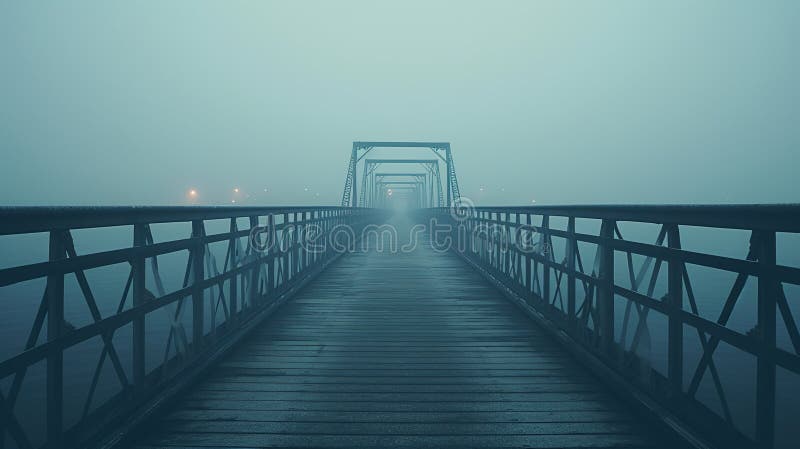 Mystérieux pont de bois qui s'étire au loin et s'enfonce dans la brume. jour sombre avec un faible éclair. ai génératif illustration libre de droits