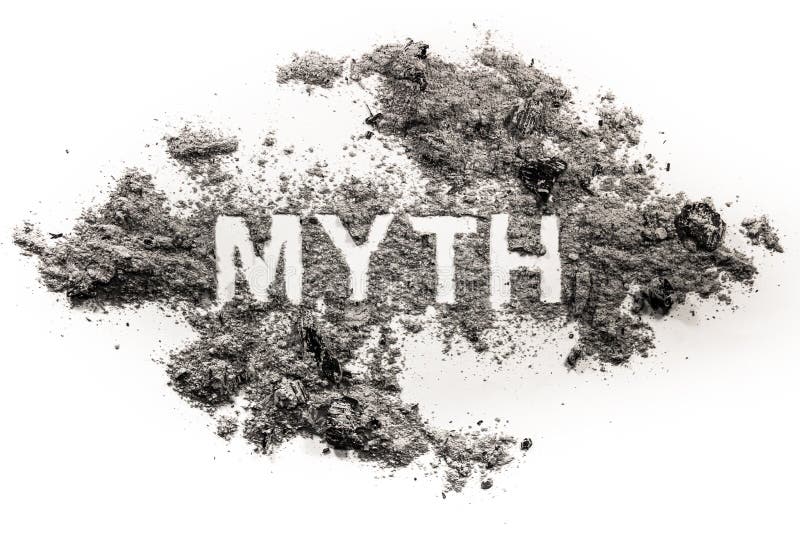 Myth word written in ash or dust as urban false old fake legend, fiction magical literature book metaphor, lie or deception truth concept, superstition and fabrication background