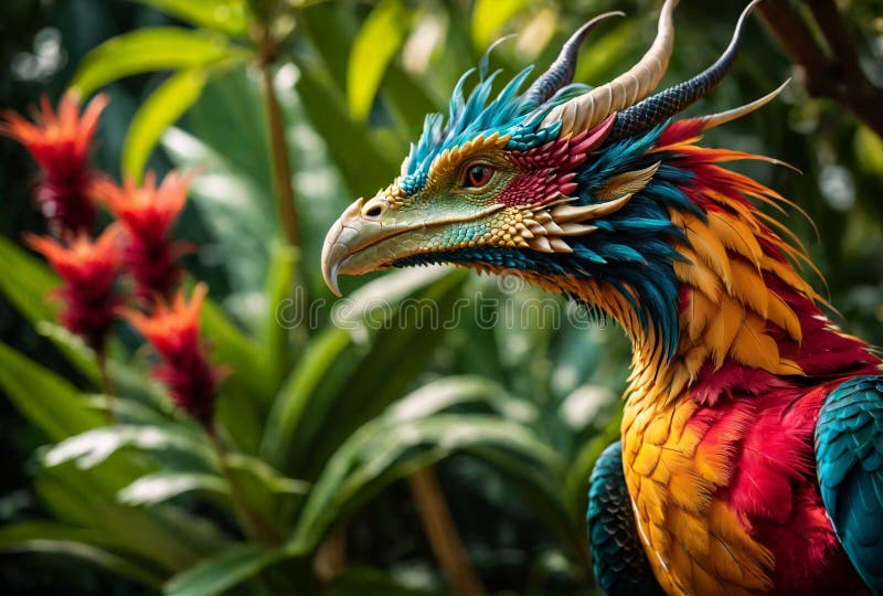 Pasăre mitică și colorată cu dragon exotic lorikeet exotic o creatură aviară rară vector illustration