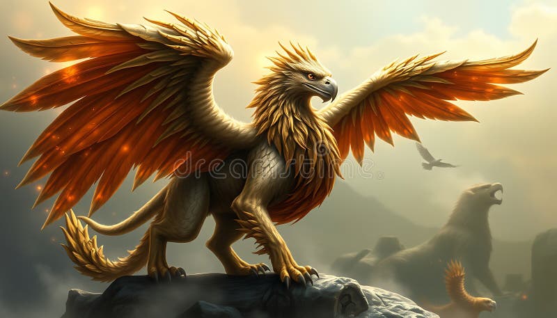 Mythical griffin creature fantasy majestic animal and legend Stock Photo Generative AI royaltyfri illustrationer