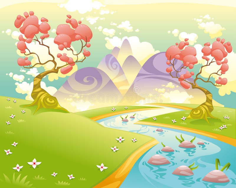 Mythologisch landschap met rivier. stock illustratie Mythologisch landschap met rivier. stock illustratie