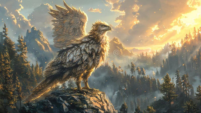 Mytiskt griffin som glömmer soluppgång : Förbluffande tryckfärgsgrafik av majestäst på klippor med skog och berg stock illustrationer