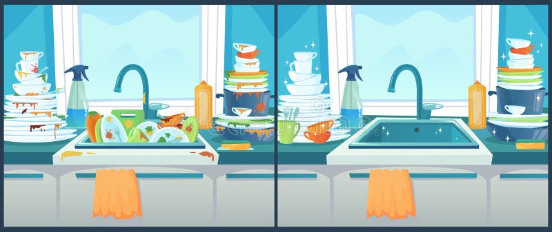 Myć naczynia w zlew Brudzi naczynie w kuchni, czystych talerzach i upaćkanej dinnerware kreskówki wektoru ilustracji