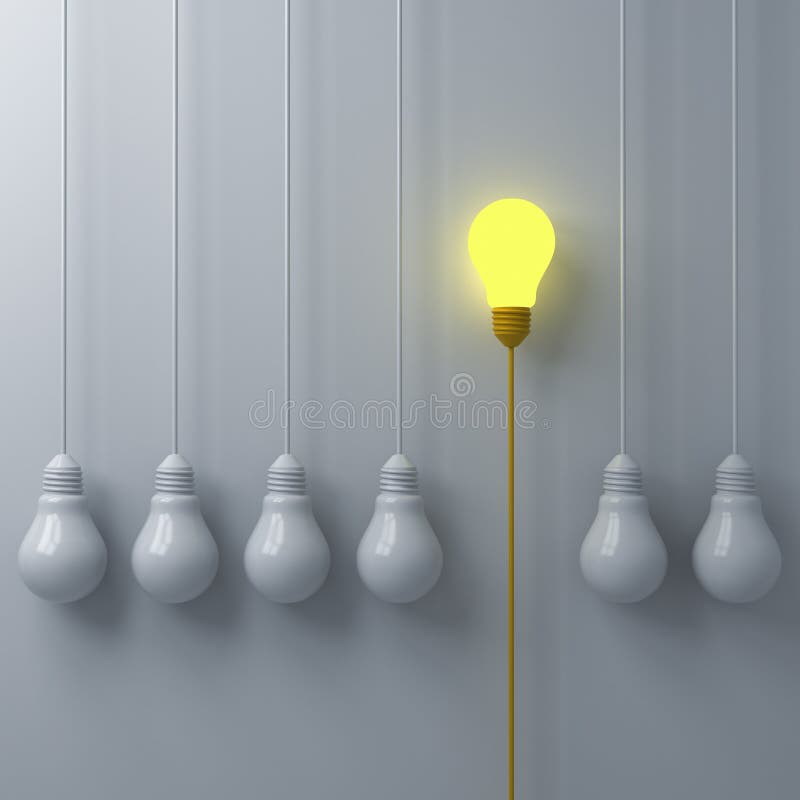 Myśleć różny Jeden pojęcia rozjarzoną żarówkę stoi out od ciemnawych lub unlit białych lightbulbs na biel ściany tle royalty ilustracja Myśleć różny Jeden pojęcia rozjarzoną żarówkę stoi out od ciemnawych lub unlit białych lightbulbs na biel ściany tle royalty ilustracja