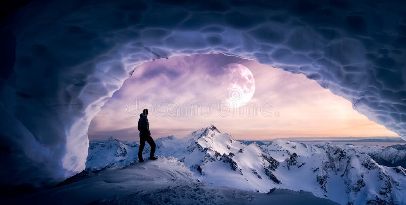 Magical Fantasy Adventre Composite of Man Hiking in an Ice Cave with Winter Mountain Landscape. Colorful Sunset Sky Art Render. Background taken from British Columbia, Canada. Magical Fantasy Adventre Composite of Man Hiking in an Ice Cave with Winter Mountain Landscape. Colorful Sunset Sky Art Render. Background taken from British Columbia, Canada.