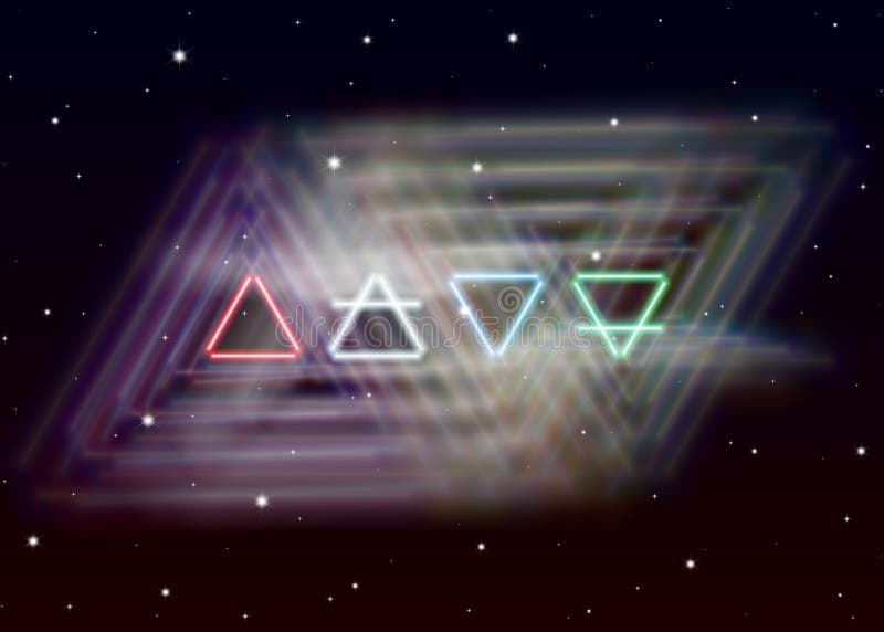 Mágica quatro propagações dos símbolos dos elementos a energia brilhante místico no espaço espiritual Terra, ar, fogo e água ilustração stock Mágica quatro propagações dos símbolos dos elementos a energia brilhante místico no espaço espiritual Terra, ar, fogo e água ilustração stock