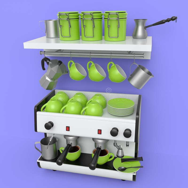 Máquina de café espresso profesional con cuerno para dos tazas aisladas en violeta libre illustration