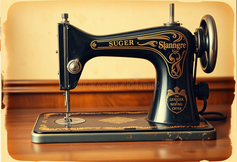 Máquina de coser vintage sobre mesa de madera ilustración del vector