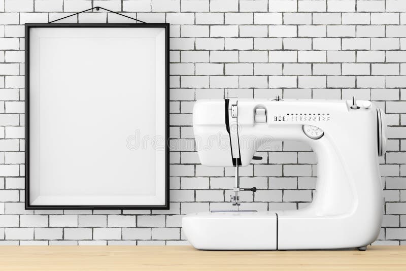 Máquina de costura branca moderna na frente da parede de tijolo com franco vazio ilustração royalty free Máquina de costura branca moderna na frente da parede de tijolo com franco vazio ilustração royalty free