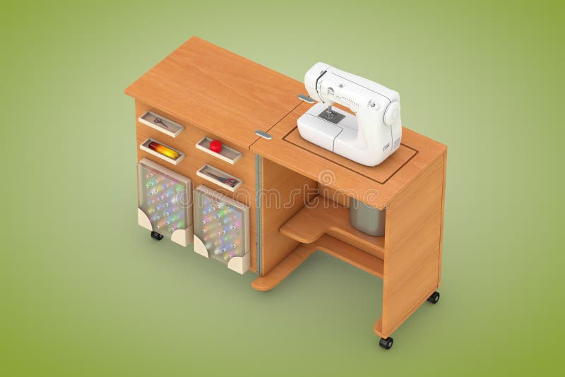 Máquina de costura no alfaiate Workshop Wooden Table rendição 3d ilustração do vetor Máquina de costura no alfaiate Workshop Wooden Table rendição 3d ilustração do vetor