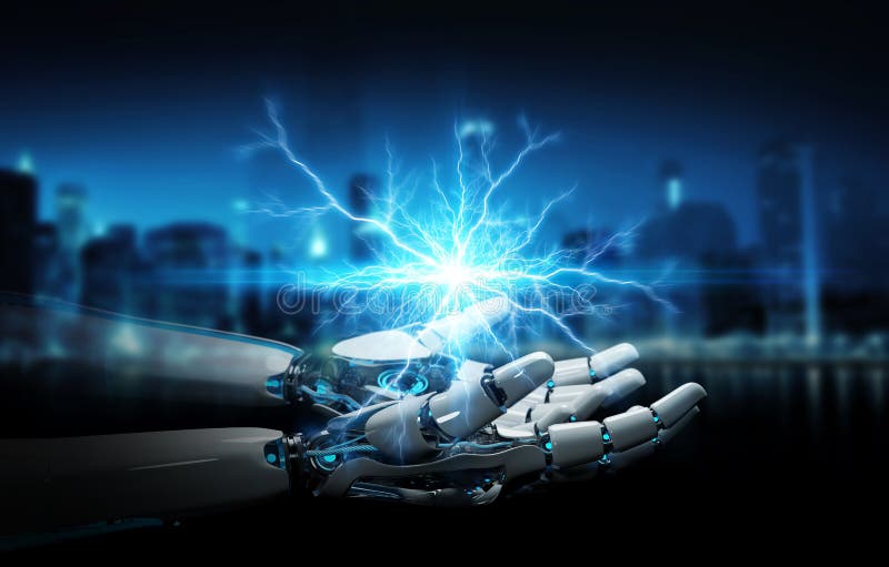 Máquina do robô inteligente que cria a rendição da eletricidade 3D ilustração royalty free Máquina do robô inteligente que cria a rendição da eletricidade 3D ilustração royalty free