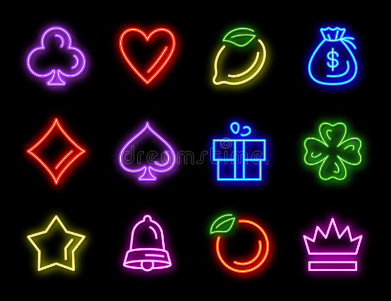 Máquina tragamonedas iconos de neón para juegos de casino stock de ilustración Máquina tragamonedas iconos de neón para juegos de casino stock de ilustración