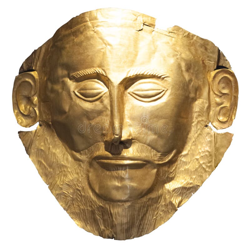 Mask of Agamemnon - gold funeral mask from ancient Greek site of Mycenae on white backgrouns. Mask of Agamemnon - gold funeral mask from ancient Greek site of Mycenae on white backgrouns