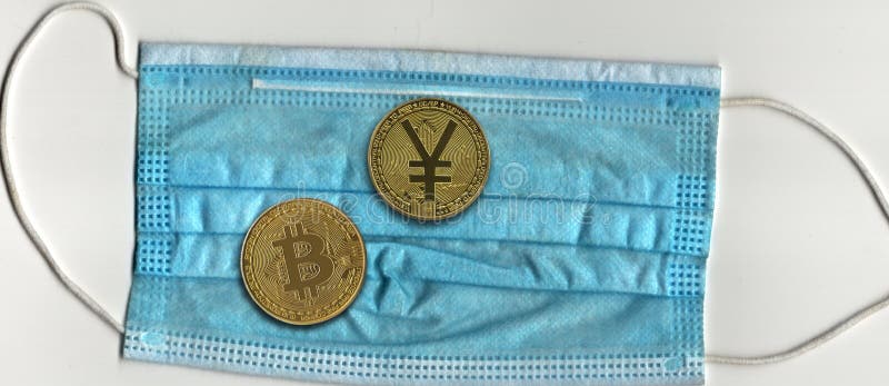Máscara de cara crypto yuan y bitcoin. Máscara facial azul con dcep y btc covid19 pandemia y criptomonedas pandemia y blockchain dinero de china yuan digital