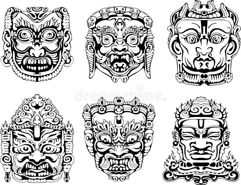Hindu deity masks. Set of black and white vector illustrations. Hindu deity masks. Set of black and white vector illustrations.