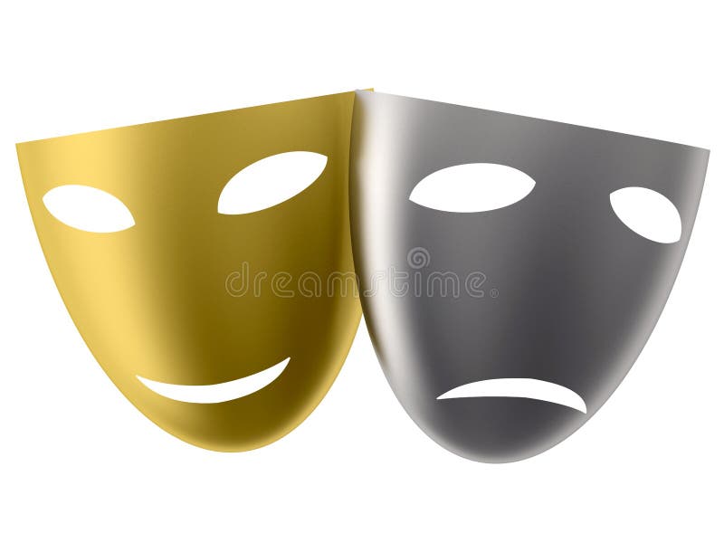 Golden joyful mask and silver sorrowful mask isolated on white background. Golden joyful mask and silver sorrowful mask isolated on white background