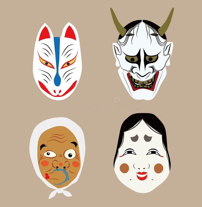 Máscaras Japonesas Tradicionales Del Teatro Ilustración del Vector