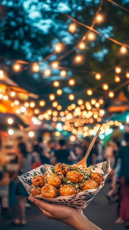 Mâini care țin mâncarea delicioasă pe stradă la festivalul de noapte cu lumini festive royalty free stock image