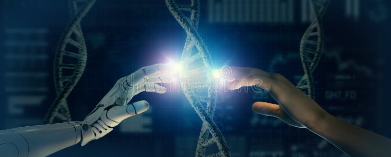 Mâini de robot și atingerea umană a ADN-ului care se conectează în interfața virtuală cu știința viitoare și cu inovația inteligen royalty free illustration