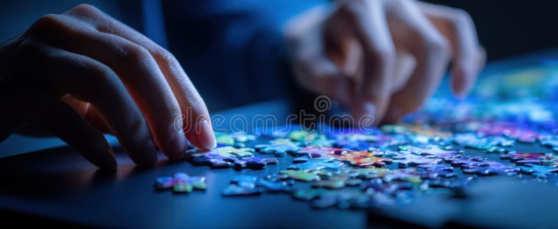 Mâinile asamblând un puzzle colorat într-un moment concentrat. imagine generată de AI royalty free stock photography